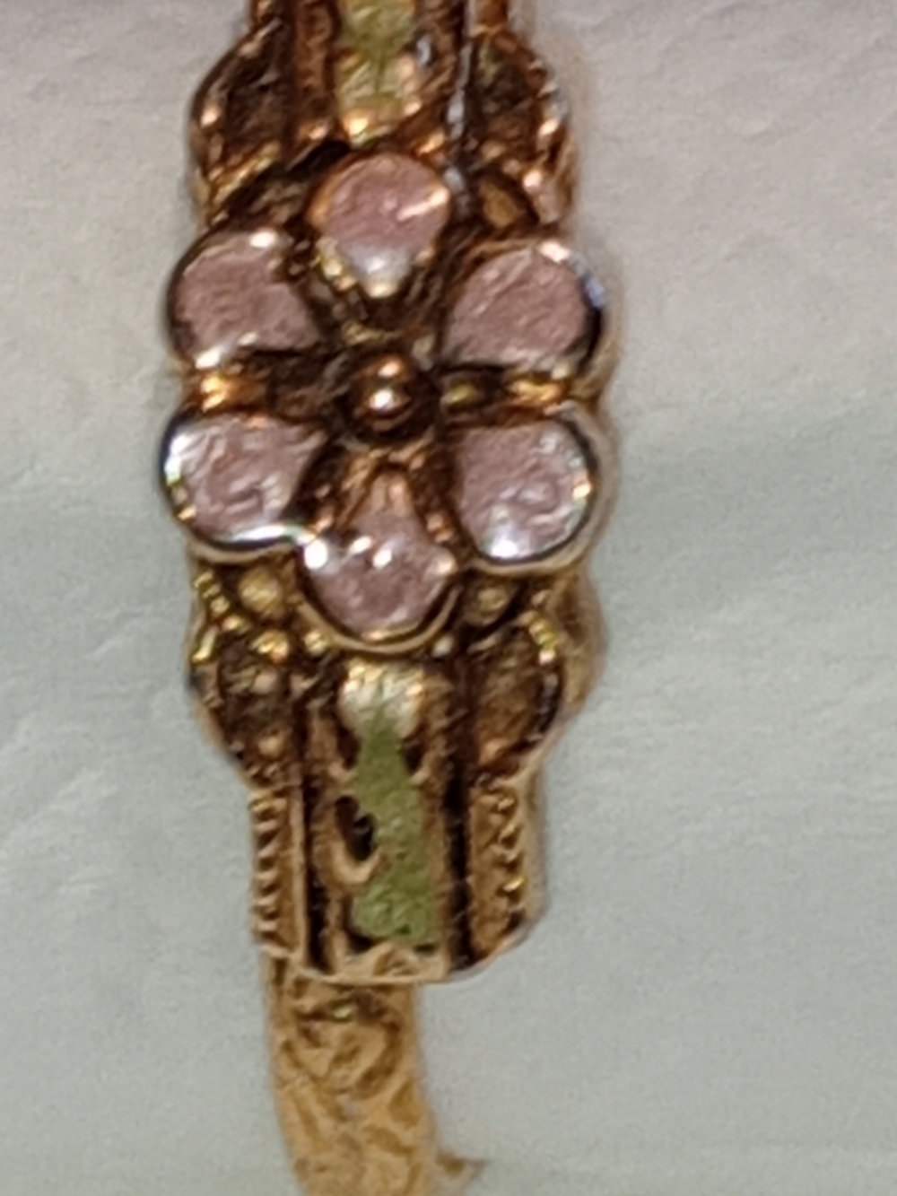 Ring Gold Floral Enamel Cluster Ring Victorian Style with Pink Petal Accents - Picture 13 of 13